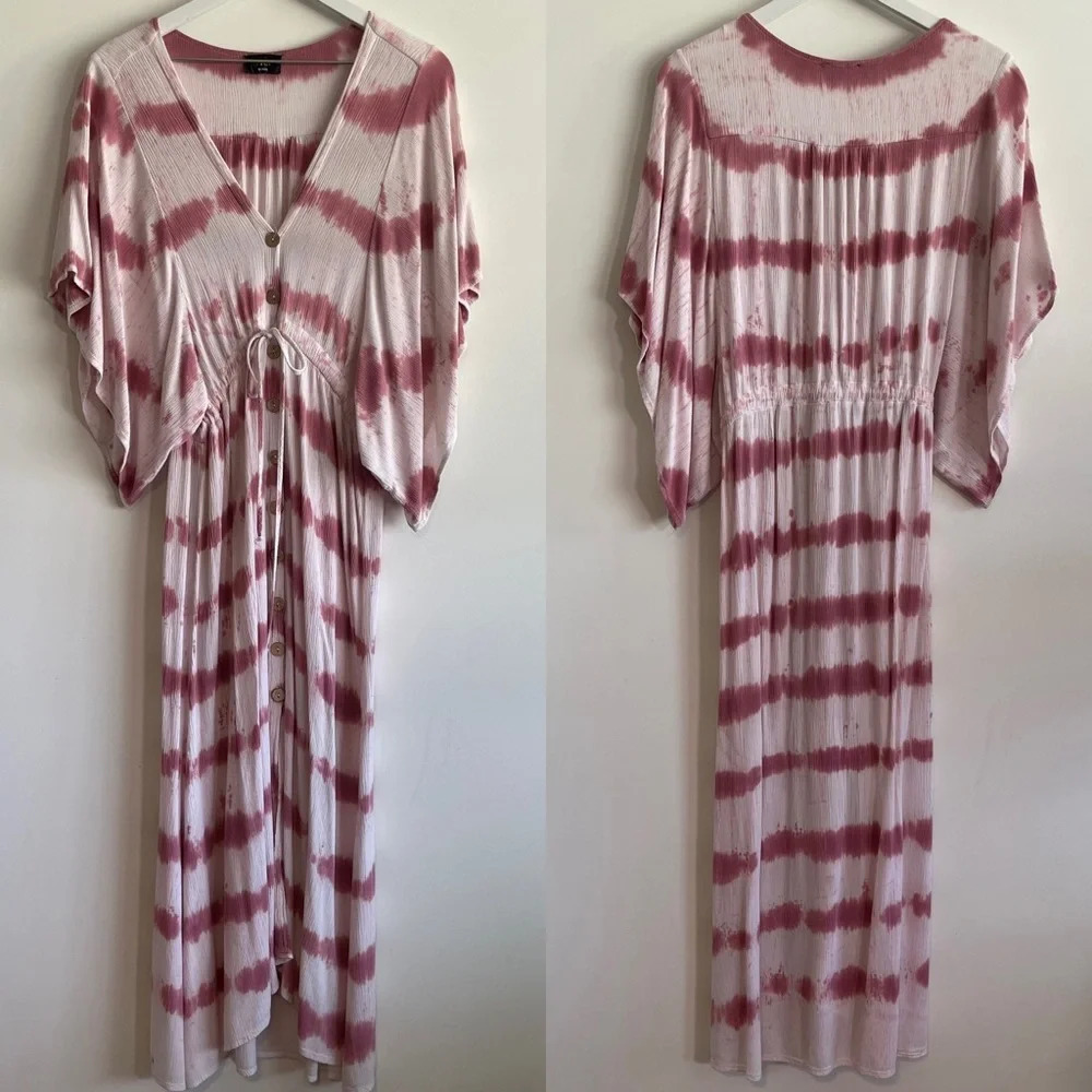 VICI pink tie dye wide sleeve button front dress/swim cover up  size small